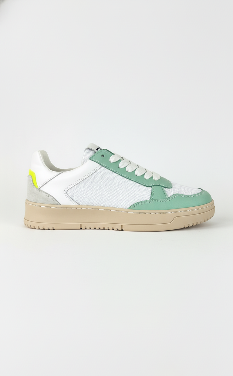 Sneaker da donna EP13 Effetti Personali Rock in pelle bianca e suede verde acqua e giallo fluo