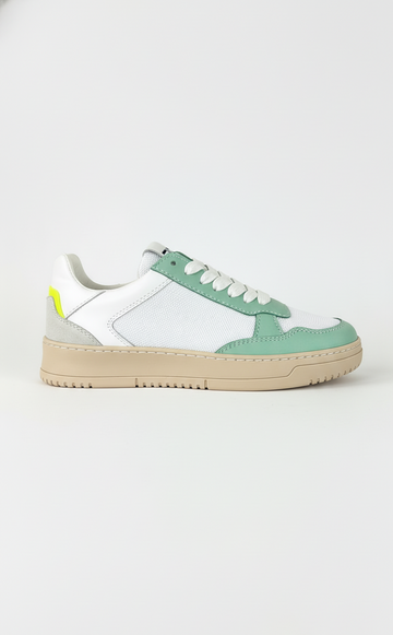 Sneaker da donna EP13 Effetti Personali Rock in pelle bianca e suede verde acqua e giallo fluo
